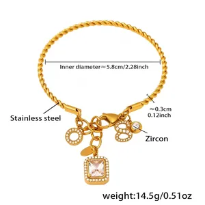 Detail view of twisted stainless steel bangle with figure 8 and zircon charms