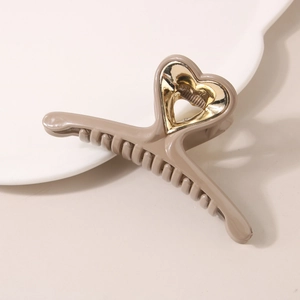 Elegant khaki heart hair claw clip with golden hollow detail for stylish women hair styling