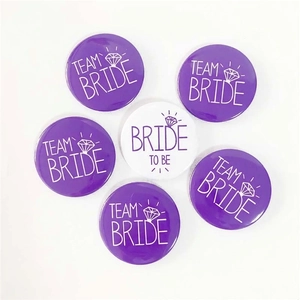 Purple and white Team Bride and Bride To Be tinplate badges set for bachelorette party