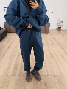 Women's dark blue thick hooded tracksuit set with zip cardigan and high waist joggers