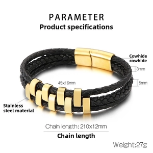 Macro detail of men's layered black leather bracelet with golden stainless steel tubes