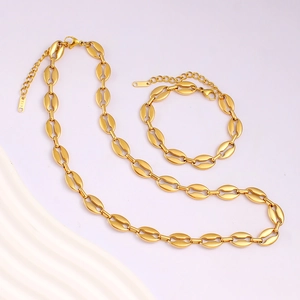 Chic 18K gold plated coffee bean link chain necklace and bracelet jewelry set for women