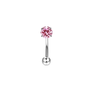 Detailed macro view of a silver stainless steel eyebrow piercing with a pink zircon stone
