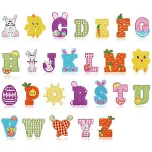 Detailed close-up of 26 Easter-themed alphabet embroidery patches with festive motifs