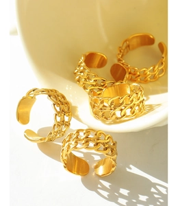 Detail of 18k gold plated double chain link rings with adjustable open band design