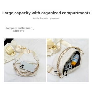 Detailed view of quilted white waist bag showing large capacity for phone and sunscreen