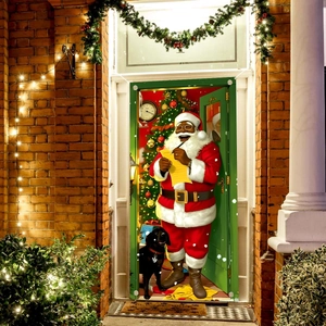 Christmas door banner with Black Santa and dog decoration for festive outdoor porch display