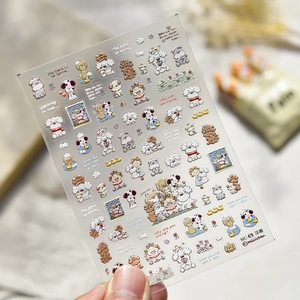 Detail shot of MC-63 embossed cartoon puppy nail stickers with 3D texture and flowers