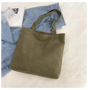 Olive green canvas tote bag displayed with a blue denim jacket and a book on a white background