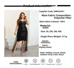 Detailed chart of plus size black sequin mesh dress featuring sizing and fabric specs