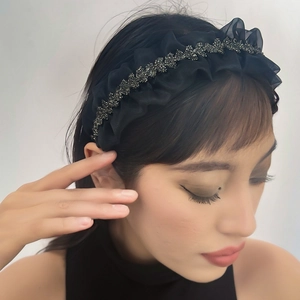 Elegant wide headband with black pleated mesh and sparkling rhinestones for high crown hair