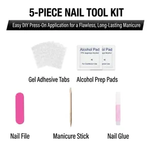 Essential 5-piece nail application tool kit with adhesive tabs and prep pads for press-on nails