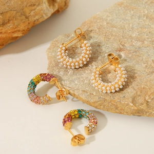 Elegant C Shape Hoop Earrings For Women Gold Plated Stainless Steel With Sparkling Rhinestones And Faux Artificial Pearls Jewelry