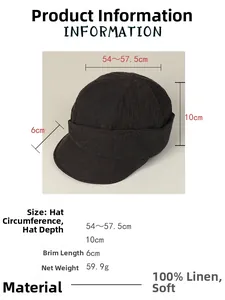 Linen newsboy hat size guide showing circumference, depth and brim length specs