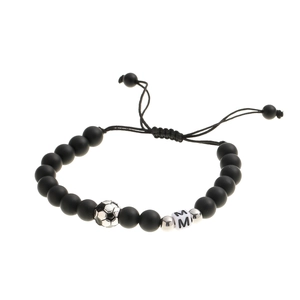 Adjustable matte black bead bracelet with silver soccer ball and white M letter beads