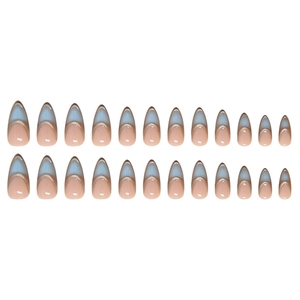 24pcs French almond fake nails in light blue and nude pink with golden trim