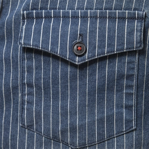 Men's heavy wash striped denim shirt with detailed chest pocket and red stitched button