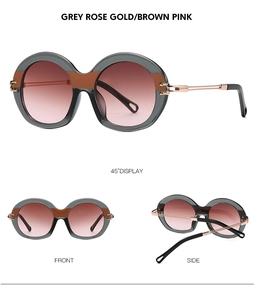 Detail views of retro round sunglasses with grey rose gold frames and gradient lenses