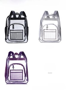 Detailed grid view of waterproof PVC backpacks in black, grey, and purple color options