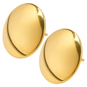 Macro detail of polished gold oval earrings made of 304 stainless steel with mirror finish
