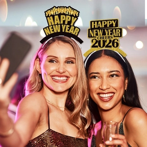 2026 Happy New Year headbands in gold and black with glitter fringe for party props