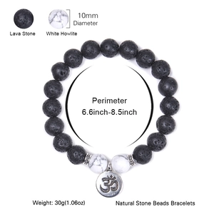 10mm black lava and howlite beaded yoga bracelet with Lotus OM pendant and sizing specs