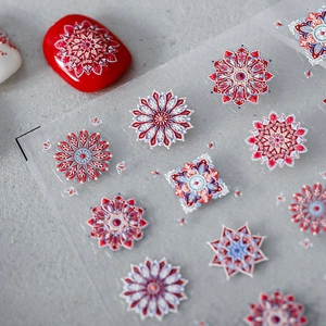 Bohemian mandala 3D nail art stickers with red floral patterns on transparent backing