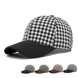 Vintage Houndstooth Baseball Cap Patchwork Checkered Hard Top Adjustable Casual Sun Hat For Men And Women Outdoor