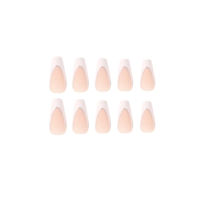 French tip press-on nails with nude pink base, white edges and silver glitter lines