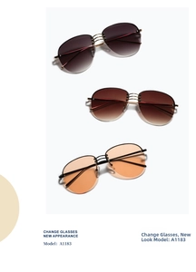 Three pairs of metal semi-rimless sunglasses in purple, brown, and orange colorways