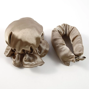 Champagne silk heatless curling set featuring a scrunchie and satin sleep bonnet