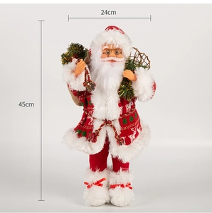 Detailed size view of a 45cm plush Santa Claus doll with red suit and gift bag