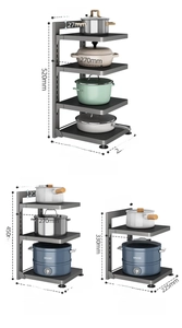 Three sizes of adjustable gunmetal steel kitchen pot racks with multi-layer storage tiers