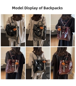 Detailed back view of sleek PU leather backpack with cute bear charm and ribbon