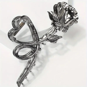 French style metallic rose hair claw clip in gunmetal grey finish with vintage texture