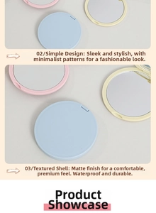 Detail of round foldable compact mirror featuring matte waterproof texture in pastel tones