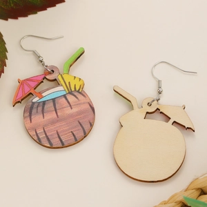 Detail of tropical coconut cocktail wooden earrings showing both sides and metal hooks