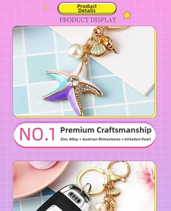 Detail of starfish keychain with rhinestones, faux pearls, and conch charms on gold ring