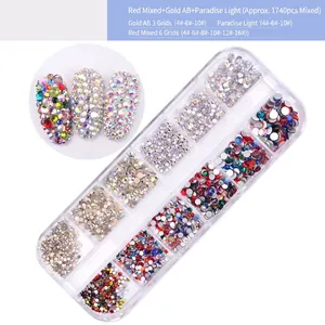 12-grid storage box with 1740 mixed size AB crystal rhinestones for nail art designs