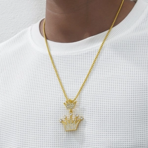 Hip hop gold crown pendant necklace with sparkling crystals worn by model for men