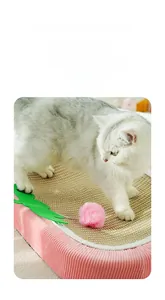 Detail view of flower-shaped sisal cat scratcher board with a pink plush toy ball on a rod