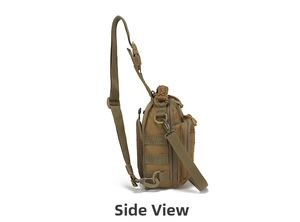 Tactical sling bag side view showing MOLLE webbing and durable paracord handle