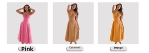 Three-panel view of slim fit midi slip dresses in pink, caramel, and orange colors