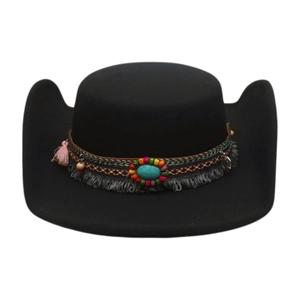 Classic black wool felt cowboy hat with ethnic beaded band and feather tassel decoration