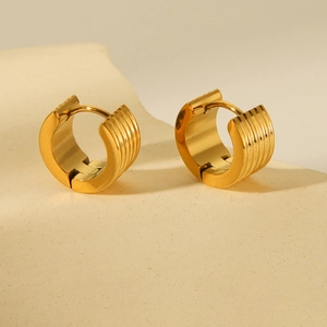 18K gold plated stainless steel ribbed hoop earrings for women with a vintage texture