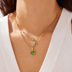 Double Layer Heart Pendant Necklace 18K Gold Plated Stainless Steel Cat Eye Stone Rhinestone Hollow Jewelry For Women