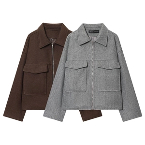 Veste En Mélange De Laine Pour Femmes Fermeture Éclair Grandes Poches Col À Revers Rétro Français Manteau Décontracté