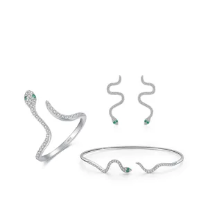 Conjunto de joyas de serpiente de plata S925 con circonitas y ojos de gemas verdes