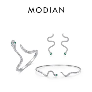 S925 sterling silver snake jewelry set with white cubic zirconia and green gem eyes