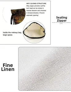 Detail of durable linen fabric and anti-slip alloy zipper on dragonfly makeup pouch